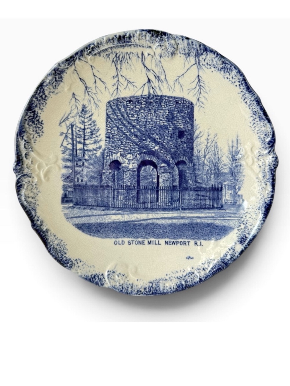 Vintage Old Stone Mill Newport Rhode Island Souvenir Plate 8” Blue Transferware